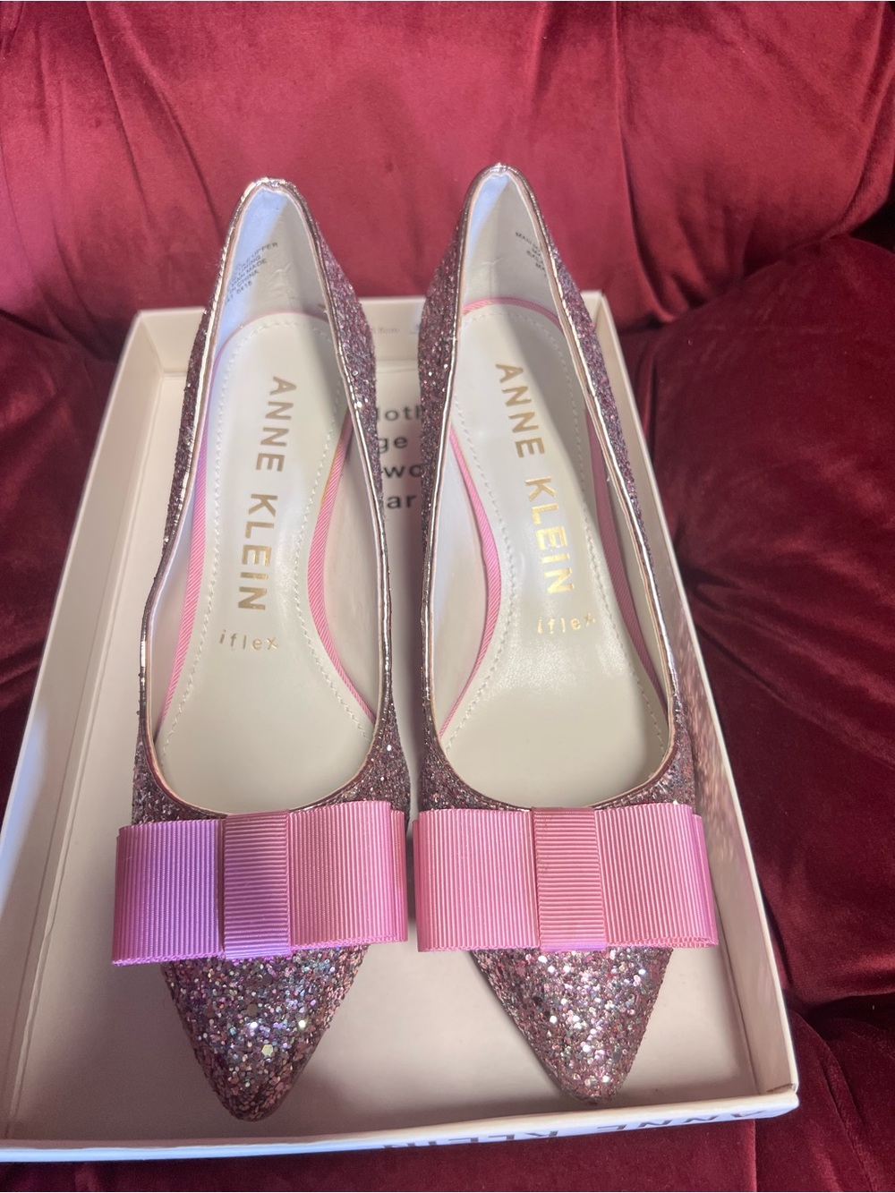 Anne Klein Pink Glitter Pointed Toe Heels with Pink Bow Accent